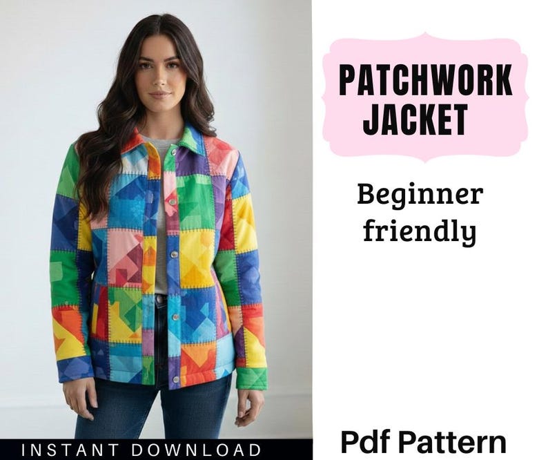 May include: A colorful patchwork jacket with a button-down front. The jacket features a variety of geometric shapes in shades of blue, green, yellow, pink, and red. The text "PATCHWORK JACKET" and "Beginner friendly" are displayed.