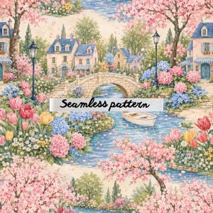 Pode incluir: Um padrão sem costura com uma cena pitoresca de vila com um rio, ponte e casas. O design inclui flores de cerejeira rosa, flores coloridas e um pequeno barco. O texto "Seamless pattern" está sobreposto na imagem.