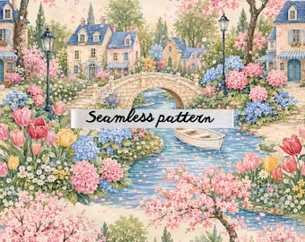 Spring Garden Village Seamless Pattern JPG | Romantic Cottagecore Landscape Repeat | Cherry Blossom Floral Fabric Design