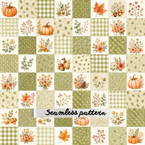 Motif patchwork automnal sans couture | Papier numérique patchwork citrouille vert sauge | Tissu vichy floral automnal | Téléchargement instantané