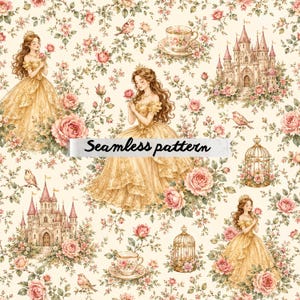 Pode incluir: Um padrão contínuo com ilustrações de figuras em vestidos dourados, rosas cor-de-rosa, castelos ornamentados, gaiolas e chávenas de chá sobre um fundo creme. O texto Seamless pattern está centrado em letra cursiva preta.