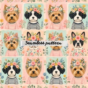 Pode incluir: Padrão sem costura com cães ilustrados usando coroas de flores e camisas listradas. Os cães, de várias raças, têm pelo preto, branco e castanho. O fundo é uma mistura de cores pastel com detalhes florais. O texto "Seamless pattern" é visível.