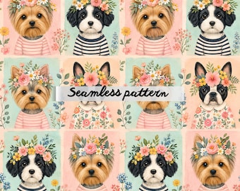 Watercolor Cute Dogs Cottage Seamless Pattern PNG, Vintage Garden House Digital Paper, Cottagecore Floral Repeat