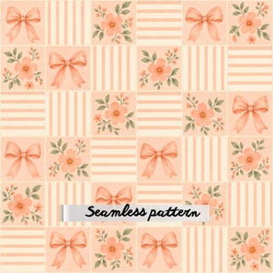 May include: A seamless pattern featuring a grid of alternating squares in soft peach tones. The design displays illustrations of light orange bows, clusters of small peach flowers with green leaves, and vertical or horizontal white stripes.
