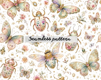 Nahtloses Vintage-Schmetterlingsmuster mit Schmucksteinen (JPG) – Verschnörkelte florale Insekten, pastellfarbene Edelsteinflügel und luxuriöses Cottagecore-Stoffdesign