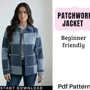 Könnte beinhalten: Eine Patchwork-Jacke in Blau- und Grautönen mit einem quadratischen Muster und sichtbaren Nähten. Die Jacke hat einen Kragen und wird über einem grauen Shirt und blauen Jeans getragen. Der Text auf dem Bild lautet "Patchwork Jacket" und "Beginner friendly".