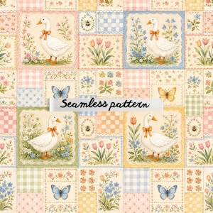 Pode incluir: Um padrão sem costuras com um design de patchwork de gansos brancos com laços cor de laranja, borboletas coloridas, abelhas, tulipas e pequenos arranjos florais. O fundo consiste em quadrados de cores pastel com xadrez vichy.