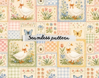Nahtloses Patchwork-Muster „Vintage Goose Garden“ (JPG) – Cottagecore-Stil mit Gänsen, Wildblumen, Schmetterlingen und Vichy-Karo-Muster