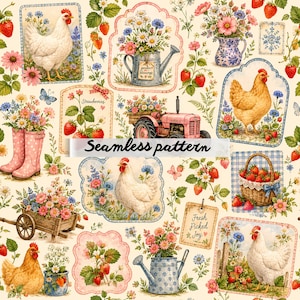 Pode incluir: Um padrão contínuo com ilustrações de galinhas, morangos, flores em regadores, um trator, uma carroça de madeira e uma cesta de morangos. O design inclui etiquetas com o texto Strawberries e Fresh Picked Joy.