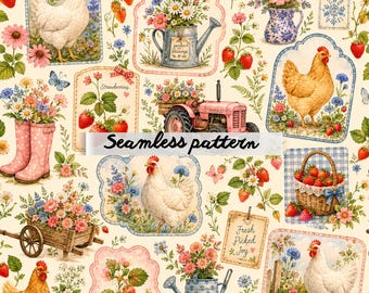Farmhouse Chicken & Strawberry Seamless Pattern, Cottage Garden Floral Patchwork, Watercolor Country Farm Fabric Print