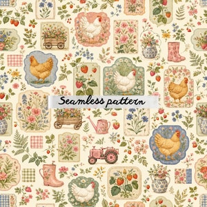 May include: A seamless pattern featuring a cream background with illustrations of chickens, strawberries, floral arrangements in vases, wooden carts, pink rain boots, a pink tractor, and a watering can, with the text Seamless pattern centered.