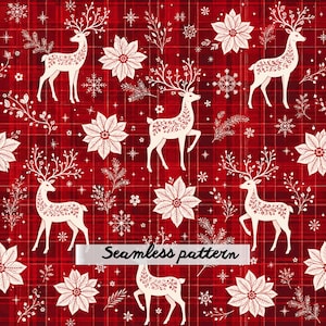 Puede incluir: Un patrón continuo que presenta ciervos blancos con detalles florales intrincados, flores de pascua blancas, copos de nieve y ramitas sobre un fondo de cuadros rojo oscuro. El texto Seamless pattern está impreso en negro en el centro.
