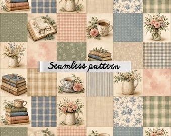 Gemütliches Patchwork-Bibliotheksmuster (JPG) – Vintage-Bücher, florale Teetassen, Shabby-Chic-Quilt und Leseecke