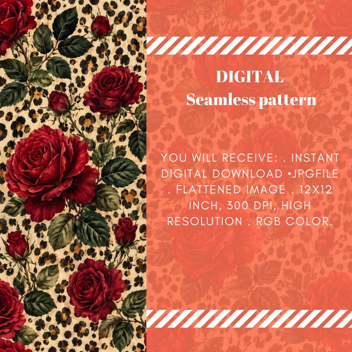 Red Pattern Printable Paper Red Rose Leopard Seamless Pattern JPG, Vintage Floral Animal Print ...