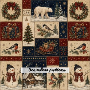 Peut inclure: Un tissu imprimé présentant un motif patchwork de thèmes de Noël incluant ours polaires, bonhommes de neige, oiseaux, sapins, cadeaux, couronnes et un traîneau. Le motif utilise une palette de bleu foncé, rouge et crème avec des flocons.
