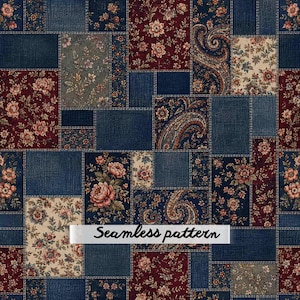 May include: A seamless pattern featuring a patchwork design of rectangular blocks. The blocks alternate between solid dark blue denim-like textures, deep red floral prints, cream-colored floral motifs, and intricate dark blue paisley patterns.