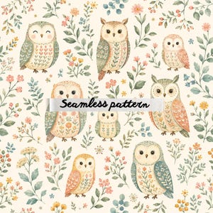 May include: A seamless pattern featuring various owls in shades of sage green, soft orange, and cream, interspersed with delicate botanical illustrations of small flowers, leaves, and berries on a light cream background with the text Seamless pattern.