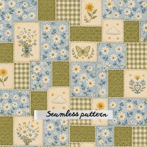 May include: A fabric print featuring a patchwork design of rectangular blocks in shades of blue, green, and cream. The pattern includes illustrations of daisies, bouquets, butterflies, clouds, and stars, alongside gingham and quilted textures. Text reads Seamless pattern.