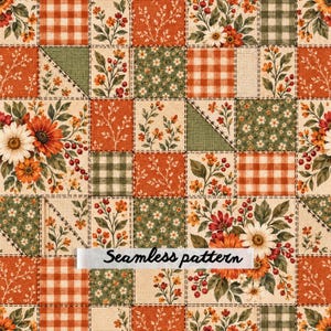 Op de afbeelding: Een naadloos patroon met een patchworkontwerp van vierkanten met diverse prints, waaronder oranje en wit gingham, kleine witte bloemetjes op groen, en botanische illustraties van oranje bloemen, bessen en bladeren op een beige achtergrond.