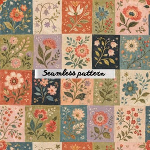 Può includere: Un motivo senza cuciture con una griglia di disegni floreali in vari colori. Ogni quadrato mostra una diversa disposizione di fiori e fogliame, con un'estetica vintage. Il testo "Seamless pattern" è visualizzato sull'immagine.