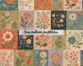 Vintage Floral Patchwork Seamless Pattern, Cottagecore Quilt Botanical Repeat, Rustic Folk Art Fabric Design, Retro Floral Tiles JPG