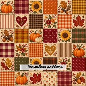 Patrón sin costuras de patchwork otoñal, calabazas, girasoles, bellotas y hojas de arce, papel digital JPG de colcha rústica a cuadros