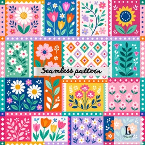 Puede incluir: Un colorido patrón sin costuras con diseños florales en varios cuadrados. El patrón incluye margaritas, tulipanes y girasoles en colores vibrantes como rosa, naranja y azul. El texto "Seamless pattern" se muestra en el centro.