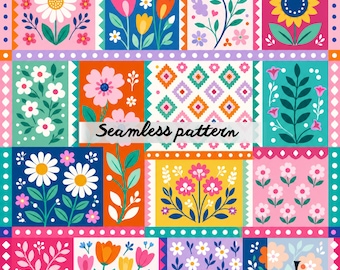 Seamless Floral Patchwork Pattern, Colorful Folk Flowers, Cottagecore Fabric Design, Digital Download PDF AND PNG