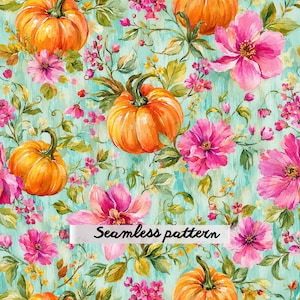 Pode incluir: Um padrão contínuo com abóboras cor de laranja, flores cor-de-rosa vibrantes e folhas verdes sobre um fundo azul claro texturado. O design inclui o texto Seamless pattern numa faixa retangular branca ao centro.