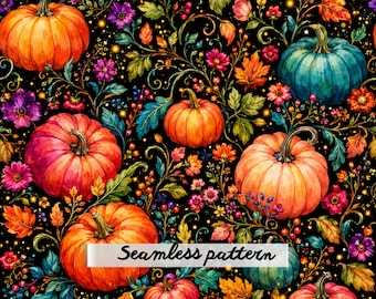 Watercolor Autumn Pumpkin Seamless Pattern, Vintage Fall Floral Fabric, Rustic Harvest Botanical Repeat JPG