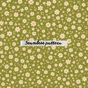 Pode incluir: Um padrão sem costuras com um design repetitivo de pequenas flores cor-de-rosa claro com centros amarelos espalhadas sobre um fundo verde-azeitona sólido. Uma faixa horizontal branca com o texto preto Seamless pattern está centrada.