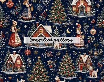 Motivo senza cuciture "Villaggio di Natale nordico" JPG – Casette invernali scandinave, ragazze in stile folk, alberi festivi e cani Westie - Design per tessuti