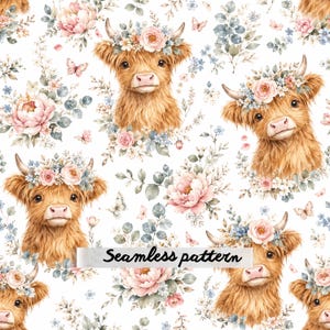 May include: A seamless pattern featuring fluffy brown Highland cattle with floral crowns of pink roses and blue flowers, interspersed with green eucalyptus leaves, small butterflies, and large pink peony blossoms on a white background.