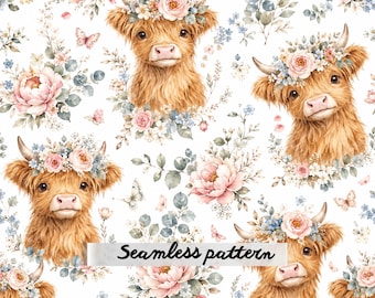 Highland Cow Watercolor Floral Seamless Pattern JPG for Fabric Quilting Nursery Decor Farmhouse Wrapping Paper Textile Design