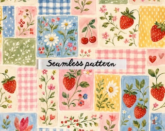 Carta digitale floreale senza soluzione di continuità con motivo a patchwork di fragole, stile cottagecore, ideale per tessuti, scrapbooking e lavori creativi.