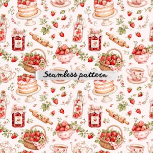 May include: A seamless pattern featuring watercolor illustrations of strawberry cakes on stands, jars of strawberry jam, rolling pins, woven baskets filled with strawberries, teacups, and teapots on a light pink background with the text Seamless pattern.