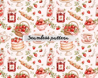Strawberry Tea Party Seamless Pattern JPG, Cottagecore Strawberry Dessert Watercolor Repeat, Vintage Kitchen Floral Textile Design Tile