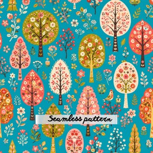 Nordic Folk Floral  Pattern JPG Retro Scandinavian Trees and Blossoms Seamless Repeat