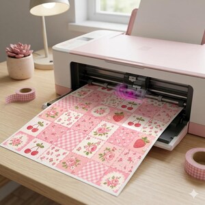 May include: A pink and white printer is printing a sheet of stickers with a patchwork design. The stickers feature floral, cherry, and strawberry patterns. A roll of pink and white patterned tape is on the wooden surface.