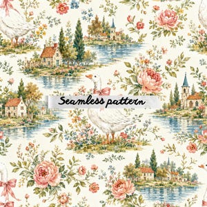 Pode incluir: Padrão sem costura com uma cena pastoral com gansos brancos, laços rosa e arranjos florais. O design inclui casas, igrejas e um lago, com o texto "Seamless pattern".
