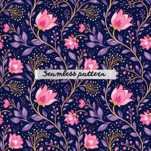 Pode incluir: Padrão sem costura com flores rosa, folhas roxas e caules dourados sobre um fundo azul escuro. O design inclui pequenos pontos brancos e o texto "Seamless pattern".
