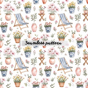 May include: A seamless pattern featuring watercolor illustrations of blue and white patterned ceramic pots with pink and yellow flowers, wooden deck chairs with blue and white stripes, and small wooden side tables on a white background.