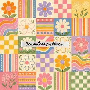 Retro Floral Patchwork Seamless Pattern JPG – Groovy Checkerboard, Rainbow Stripes & Vintage Daisy Quilt Design