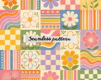 Retro Floral Patchwork Seamless Pattern JPG – Groovy Checkerboard, Rainbow Stripes & Vintage Daisy Quilt Design