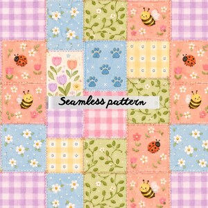 Pode incluir: Um padrão sem costura com um design de patchwork de quadrados de várias cores e padrões. Os quadrados incluem motivos florais, xadrez e pegadas, juntamente com ilustrações de abelhas e joaninhas. O texto "Seamless pattern" é exibido.