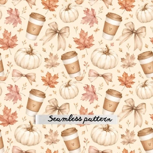 May include: A seamless pattern featuring watercolor illustrations of white pumpkins, tan coffee cups with heart icons, light brown bows, and autumn maple leaves on a cream background. A white banner with the text Seamless pattern is centered.
