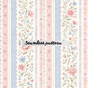 Pode incluir: Padrão floral sem costura com listras verticais em rosa pastel, azul e creme. O design apresenta flores delicadas, linhas pontilhadas e bordas onduladas, com o texto "Seamless pattern".