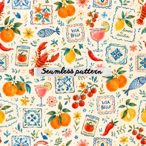 May include: A seamless pattern featuring Italian culinary elements. The design includes oranges, lemons, tomatoes, chili peppers, fish, lobster, and floral accents. The words "Vita Bella", "Pomodoro Italiano", and "limoni di Sicilia" are also present.