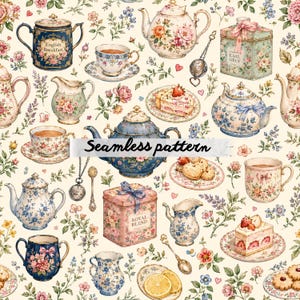 Pode incluir: Um padrão contínuo com ilustrações de bules, chávenas, leiteiras, latas de chá rotuladas como English Breakfast, Earl Grey e Royal Blend, infusores, colheres, fatias de bolo de morango e bolachas, tudo decorado com motivos florais.