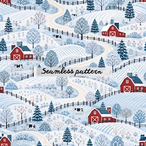 Pode incluir: Um padrão sem costura com uma paisagem de inverno com celeiros vermelhos, estradas sinuosas e campos cobertos de neve. O design inclui vacas em preto e branco, árvores e o texto "Seamless pattern". A paleta de cores é principalmente azul, branco e vermelho.